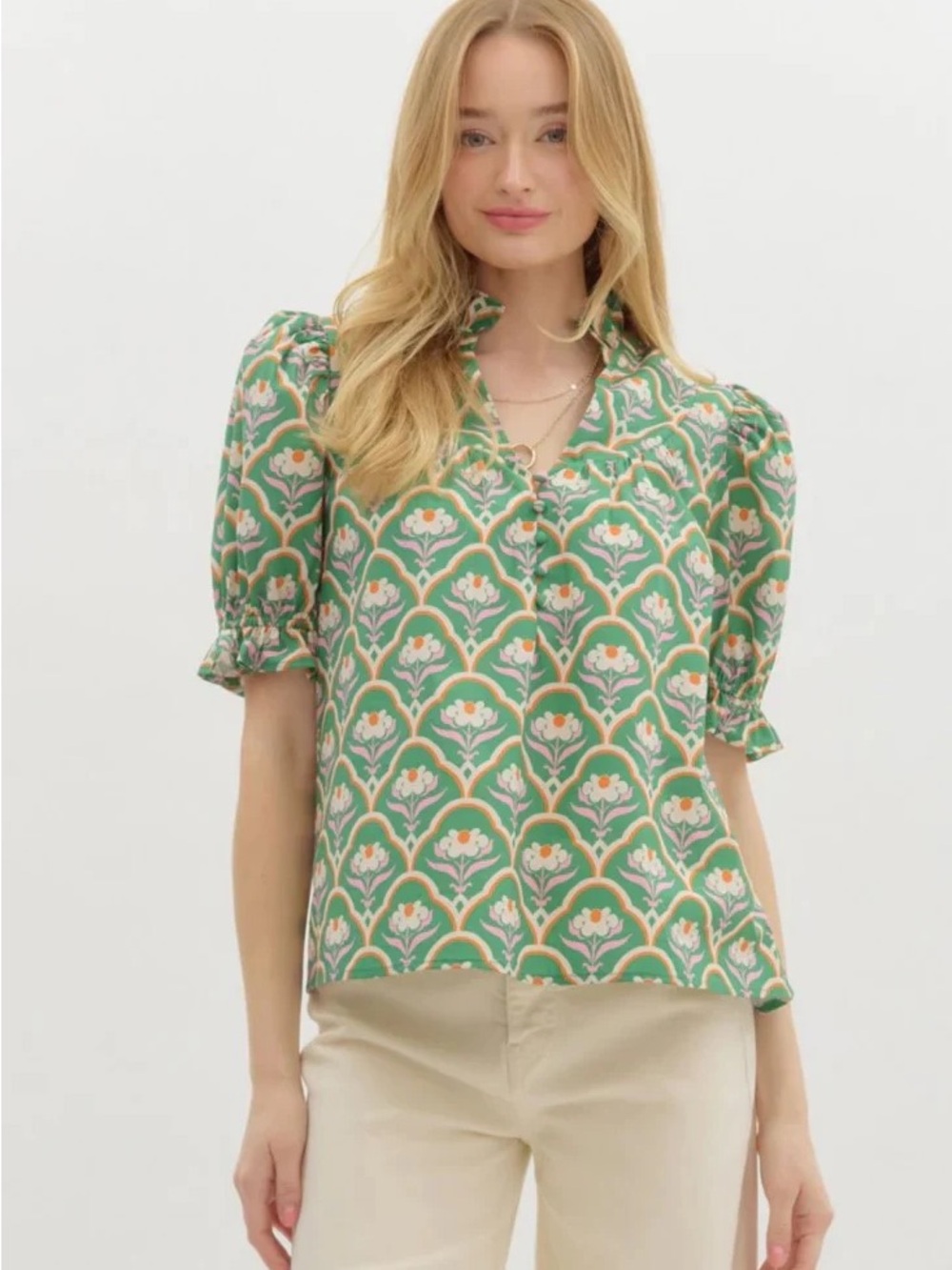 Entro Green Floral Scalloped Motif Print Puff-Sleeve Blouse, NWT